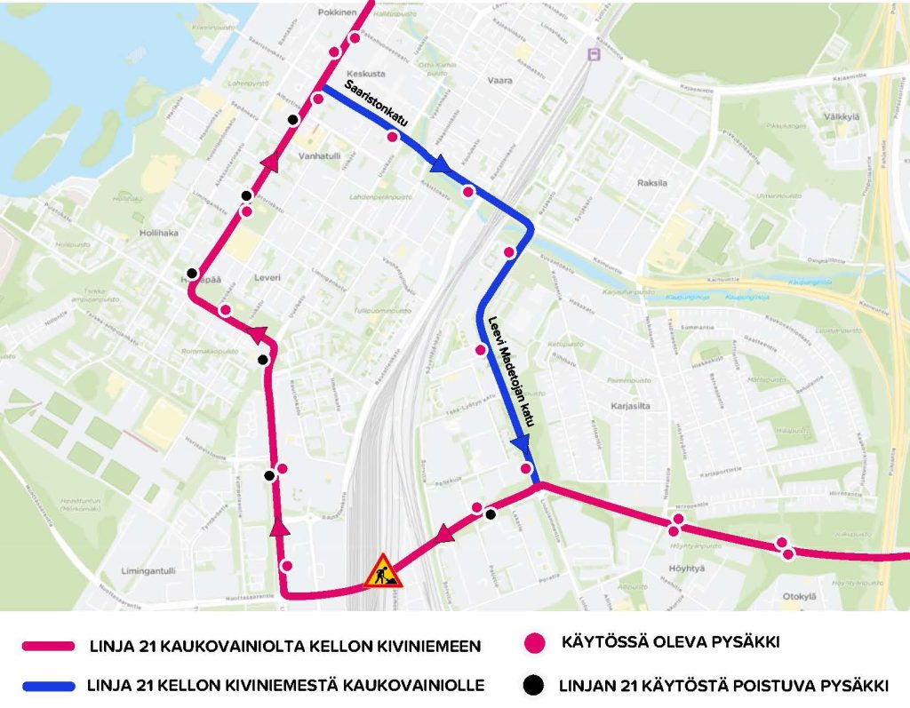 Karttakuva, johon on piirretty poikkeusreitit ja käytöstä poistuva reittiosuus.