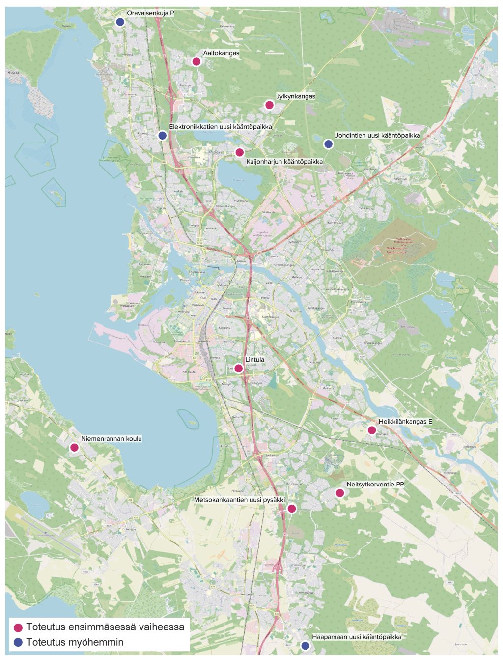 Karttakuva, jossa punaisella pisteellä merkitty ensin rakennettavat ja sinisellä pisteellä toisessa vaiheessa rakennettavat.